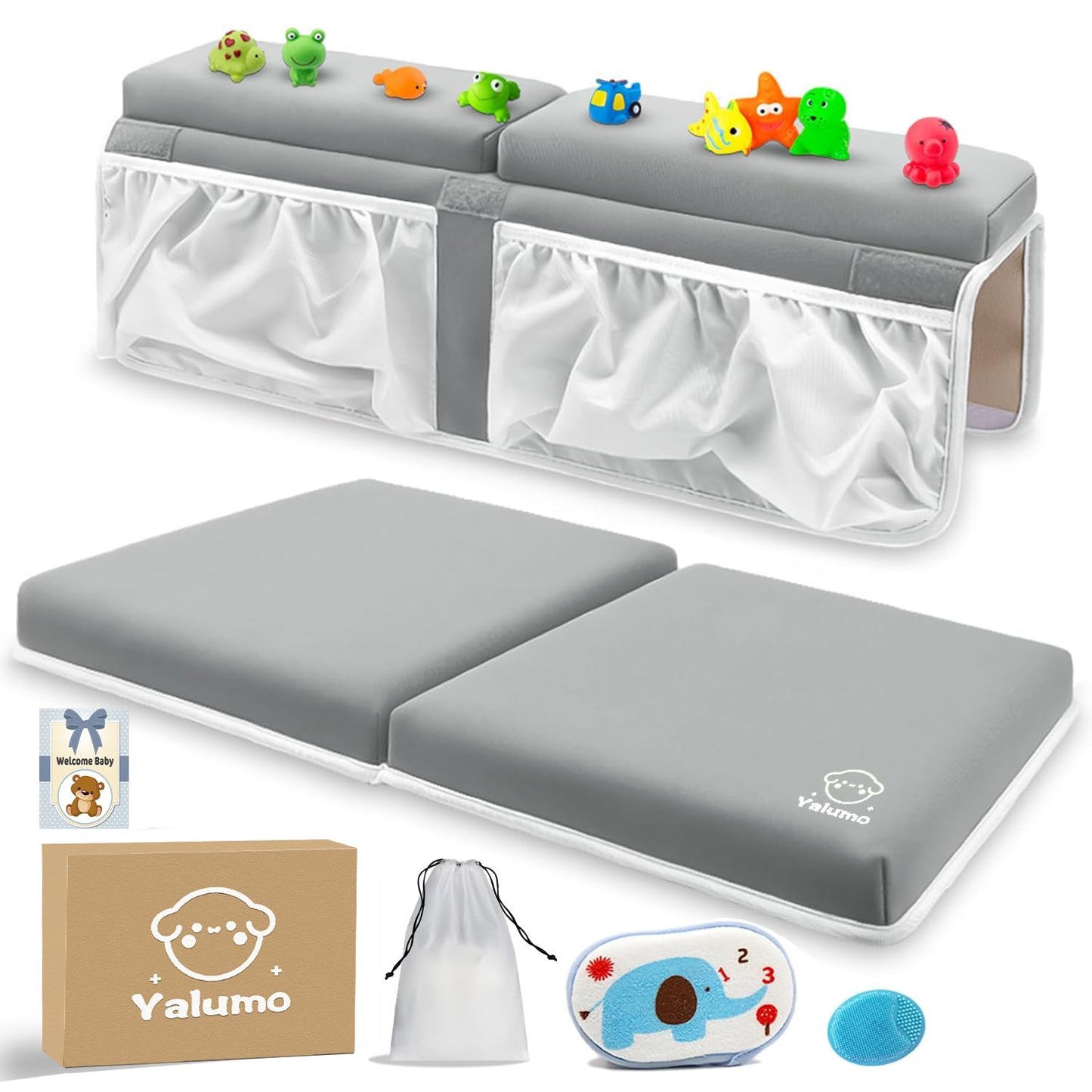 Bath Kneeler and Elbow Rest Pad Set for Baby Bathtub, Thick Non-Slip Bathing Kneeling Mat Cushion Quick Drying Bathtub Knee Saver with Arm Support and Pockets for Bathroom Bathing time Comfort, Gray