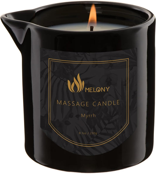 MELONY Massage Oil Candle for Pure Relaxation- 8.1 oz- Moisturizing Essential Oil Body Massage Candle for Home Spa- Amazing Gift for Women & Men (Myrrh)