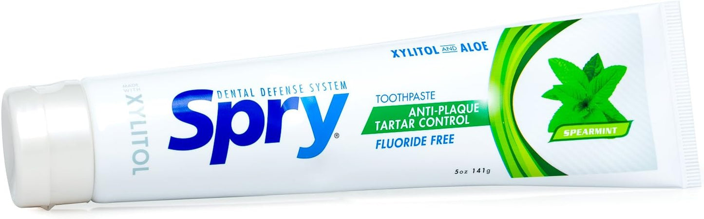 Spry Natural Xylitol Toothpaste 5oz for Adults and Kids - Fluoride Free, Gentle for Sensitive Teeth Whitening and Remineralizing, Breath Freshening, Mouth Moisturizing, Spearmint (Pack of 1)
