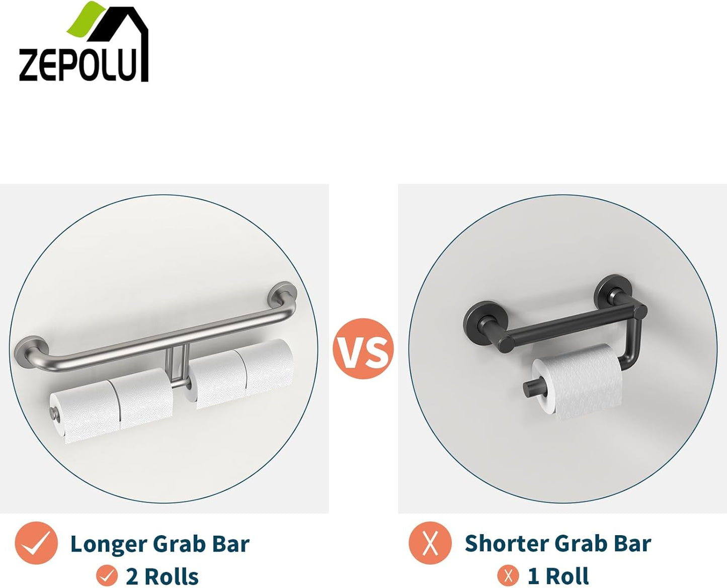 Brushed Nickel Double Toilet Paper Holder w/Safety Bar 24 inch, Zepolu 2-in-1 Assist Bar Balanced Support Handle, Stainless Steel Wall Mounted Bathroom Toilet Grab Bar for Senior Elderly Handicap