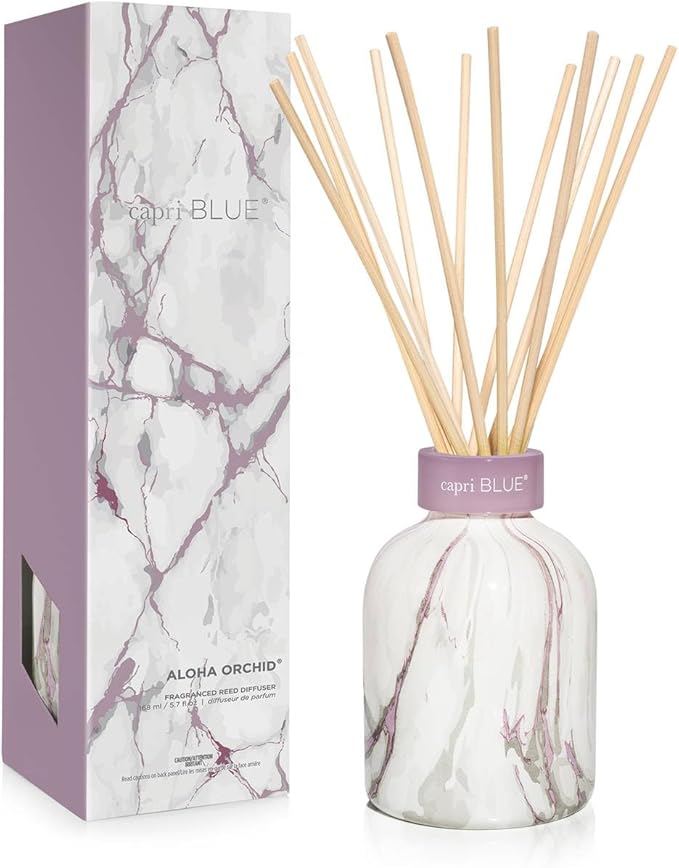Capri Blue Modern Marble Reed Diffuser Set - Includes Reed Diffuser Sticks, Scented Oil & Glass Bottle - Luxury Scents for Bedroom Decor & Bathroom Air Freshener - Aloha Orchid (5.7 fl oz)