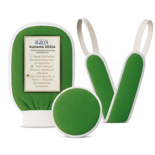 Original Moroccan Kessa Exfoliating Glove Set (ILZO’S) – 3-Piece Hammam Mitts for Face, Body & Back – Deep Skin Cleansing & Dead Skin Removal – Reusable Natural Exfoliator – Assorted Colors (GREEN)