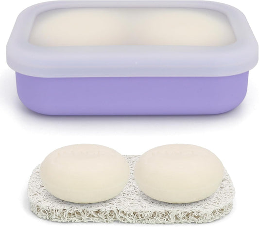Enhanced Leak Proof Travel Soap Case, AIMAIAIMAI Silicone Soap Container with Draining Layer, Portable Bar Soap Holder for Bathroom, Camping, Gym, Easy to Clean (Translucent & Light-Purple)