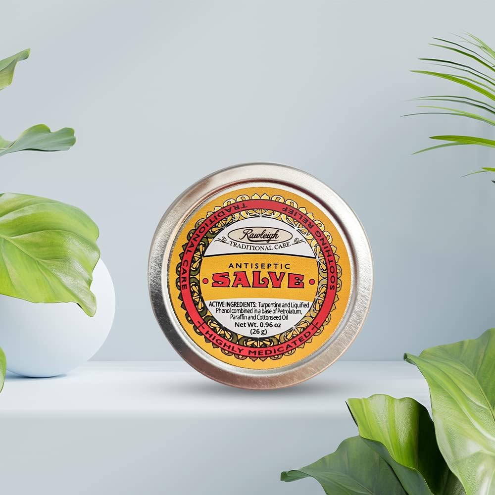 Rawleigh Antiseptic Yellow Salve Small Tin: 0.96 oz, Natural, Multi-Purpose Ointment Soothes Skin Cuts, Bruises, Irritations, with Turpentine, Phenol, Cottonseed Oil, Original Formula - Pack of 12