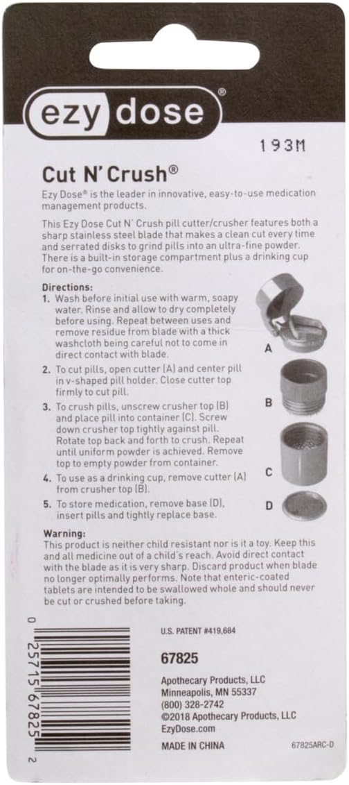 EZY DOSE 3 Compartment Pill Crusher, Cutter and Grinder, Daily Usage, Safely Cut Pills, Vitamins, Tablets, Accurate and Easy Cutting, Stainless Steel Blade, Removable Drinking Cup, Red, BPA Free