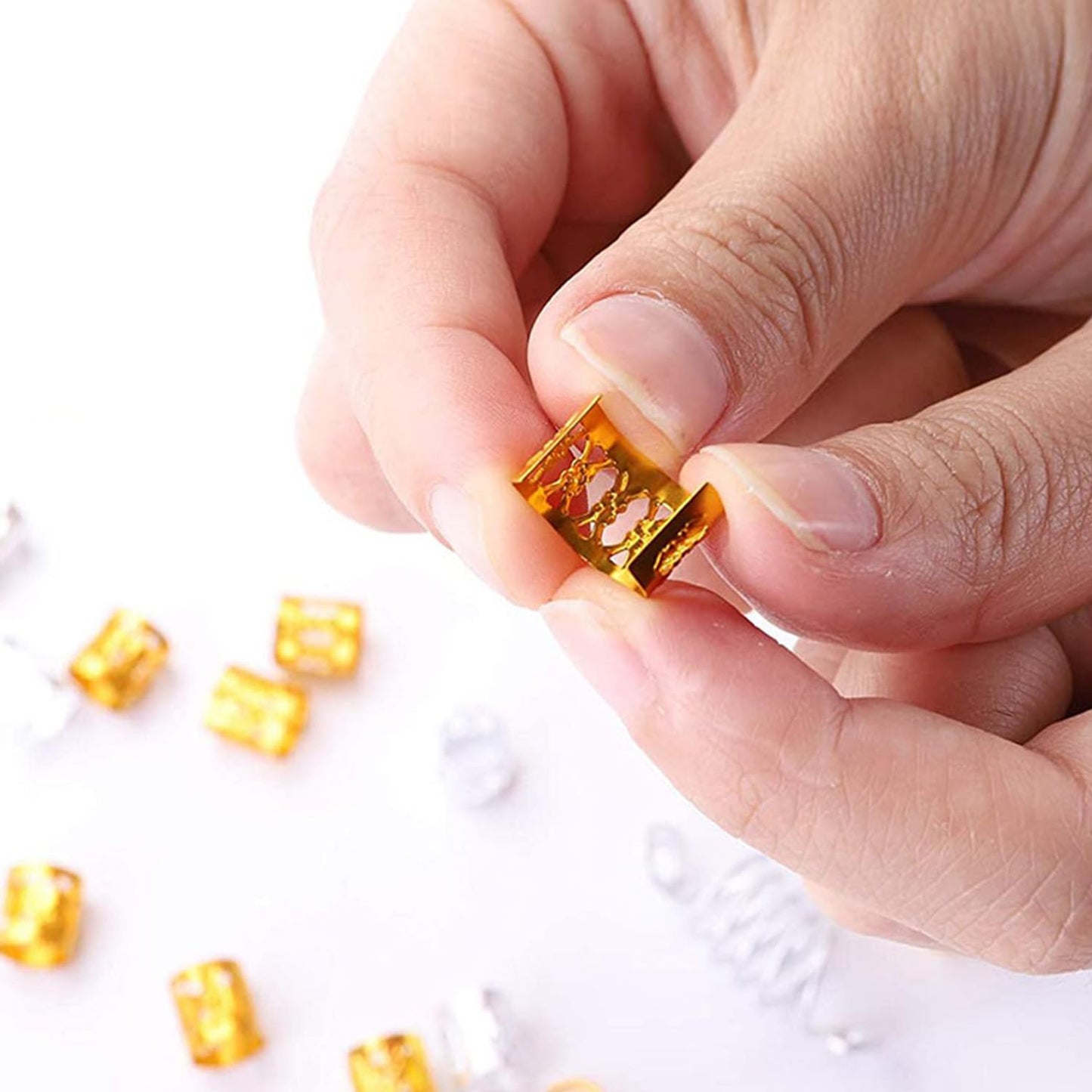 SEVENHEAD 50 Pcs Dreadlock Beads Hair Accessories - Adjustable Hair Rings, Cuffs and Metal Braiding Clips for Braids (Gold)