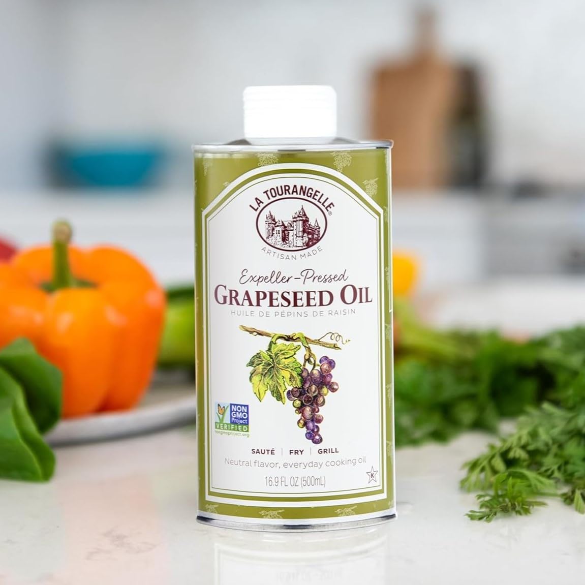 La Tourangelle, Expeller-Pressed Grapeseed Oil, High Heat Neutral Cooking Oil, Cast Iron Seasoning, Also Great for Skin, Hair, and DIY Beauty Recipes, 16.9 fl oz