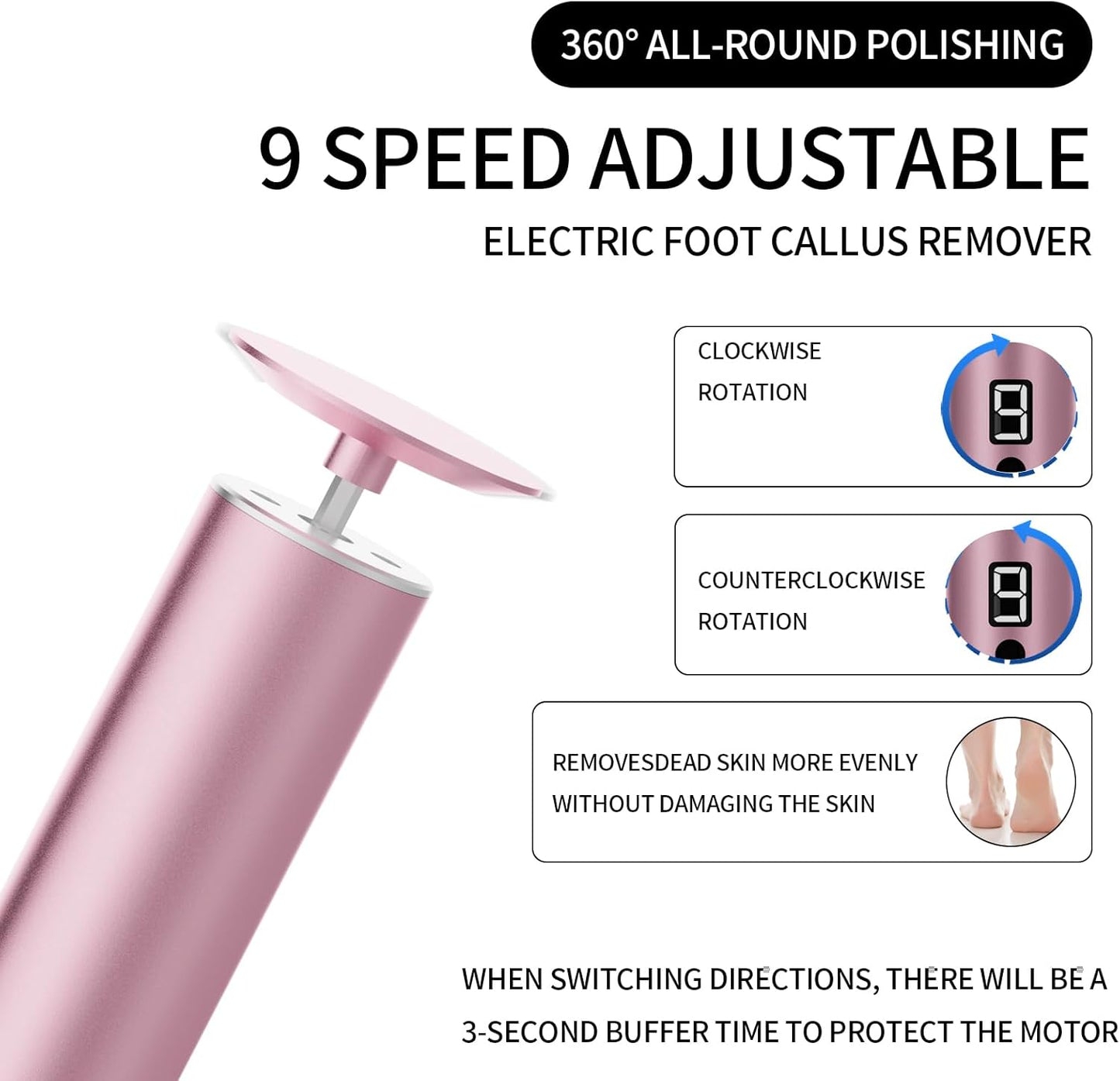 Professional Electric Foot File Tool -Callus Remover Rotating Grinder,1200mAh Rechargeable Battery, 1-Hour Continuous Use, Foot Drill & Sander,Adjustable Speed Foot Files for Deadskin(Pink)