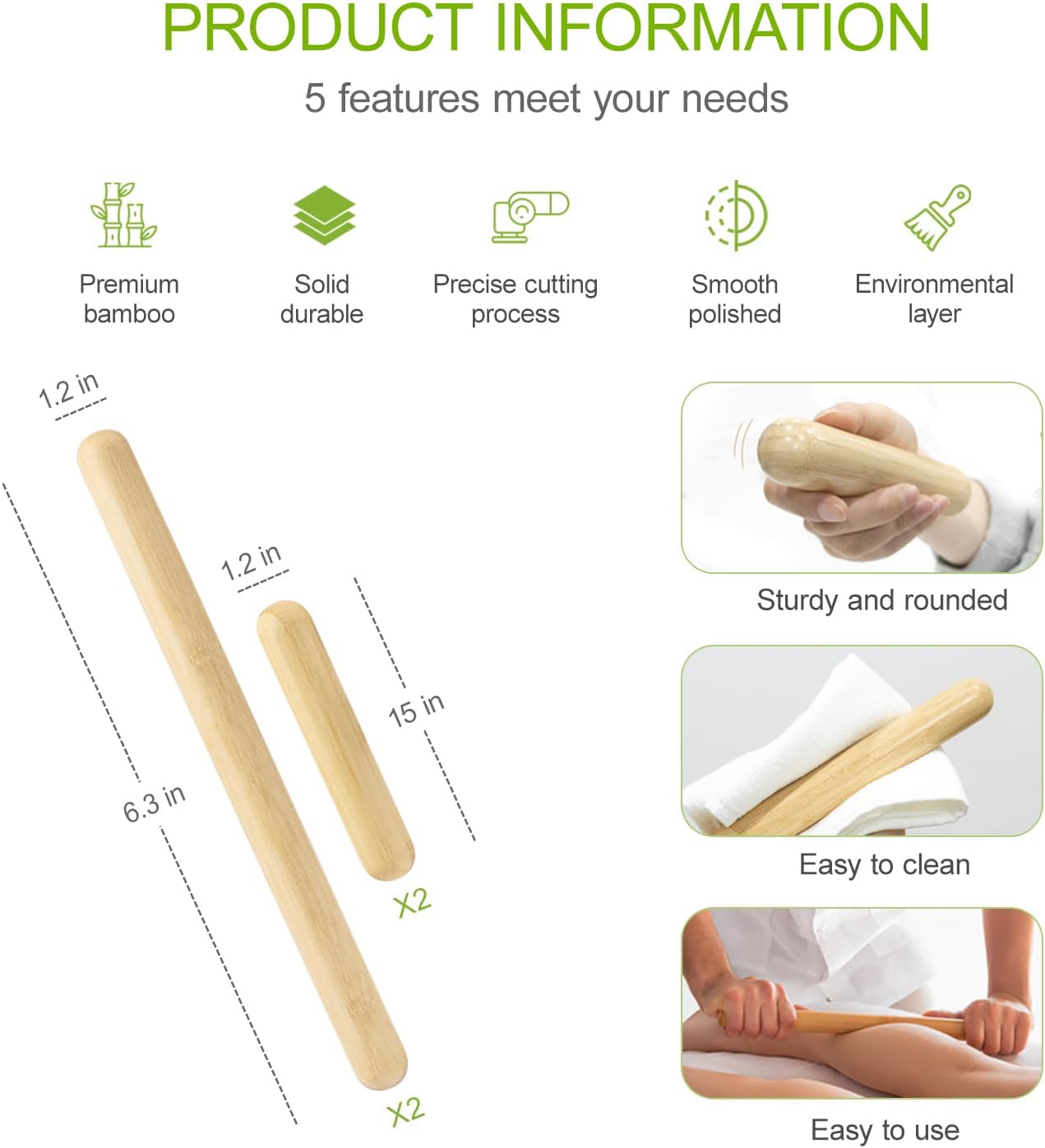 4PCS Solid Bamboo Massage Sticks & Guasha Set with Roller/Stick - 100% Bamboo Therapy Tools for Neck/Arm/Back/Legs/Full Body, Deep Tissue Massage, Muscle Relaxation, Body Shaping, Fatigue Relief