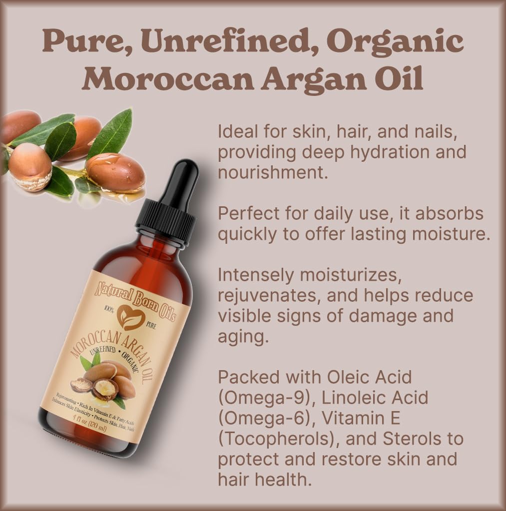 Natural Born Oils Moroccan Argan Oil, 16oz, Organic, Cold-Pressed, Vitamin E & Antioxidants, Deep Skin Hydration, Hair Strengthener