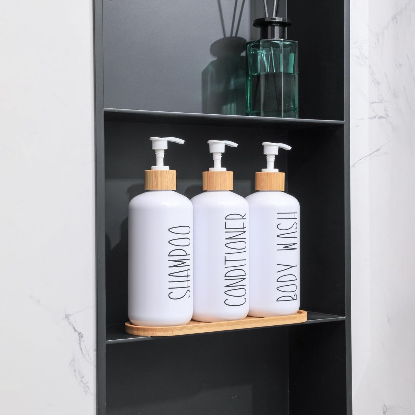 MOMEEMO White Shampoo and Conditioner Dispenser Set, Contains 3 Extra-Thick PET Plastic Bottles, Refillable Shampoo and Conditioner Bottles Perfect for Farmhouse Bathroom Decor. (White)