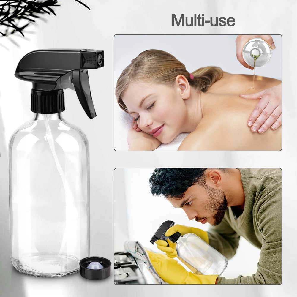 Glass Spray Bottles, 16oz Clear Glass Spray Bottles with Labels & Adjustable Nozzle, Reusable Containers for Cleaning Solutions, BBQ, Food, Plants, Alcohol, Essential Oils(2 Pack)