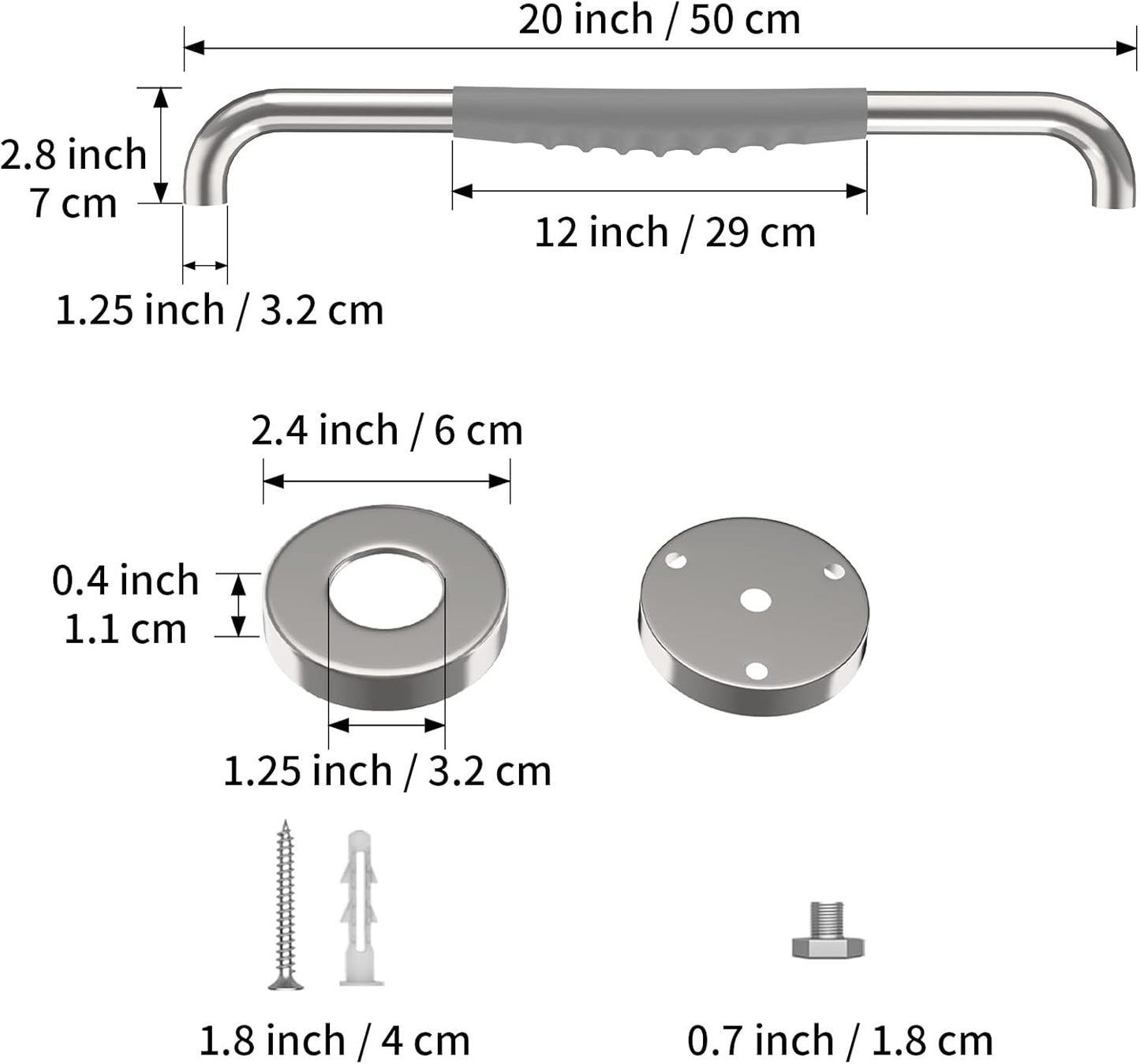20 Inch Anti Slip Shower Grab Bar, Munzong Chrome Stainless Steel Bathroom Grab Bar w/Gray Rubber Grip, Bathroom Balance Bar,Safety Handrail Support,Handicap Elderly Senior Assist Bath Handle