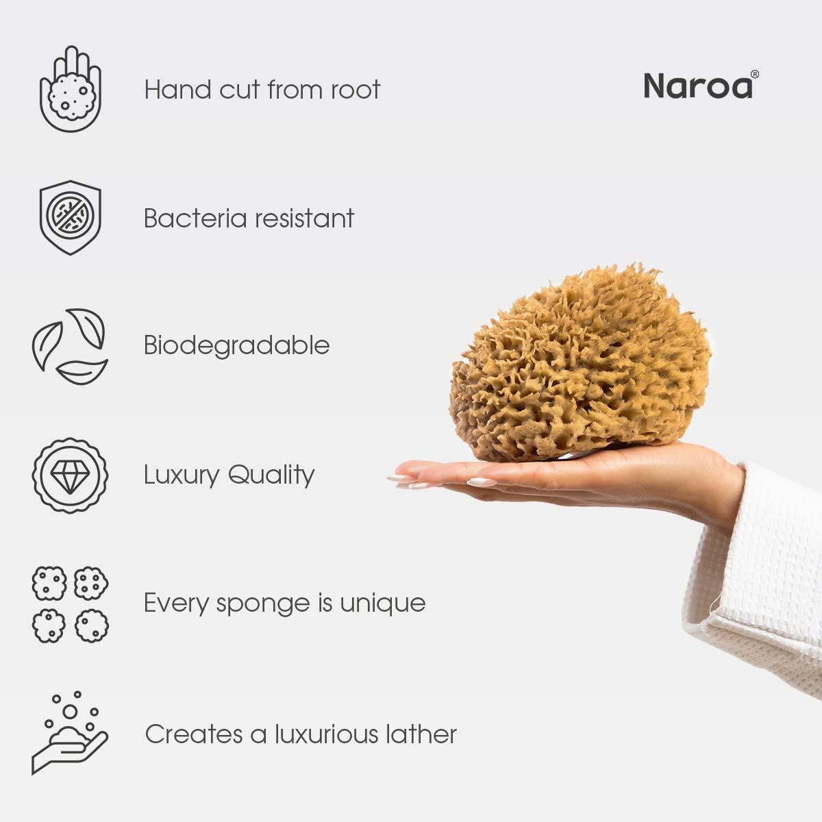 Naroa Soft Natural Sea Sponge | Gentle Loofah for Bathing Smooth Skin | Unbleached Shower Body Scrubber Puff | Bath & Spa (Medium)