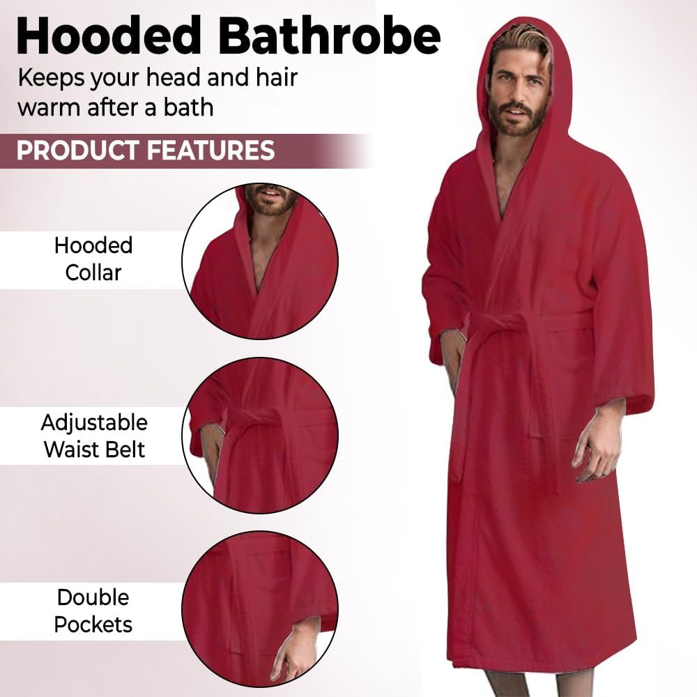 Men’s Hooded Bathrobe, 100% Cotton Terry Bathrobe, Spa Style Bath Robe, Absorbent Shower Robe, Lightweight Towel Bathrobes