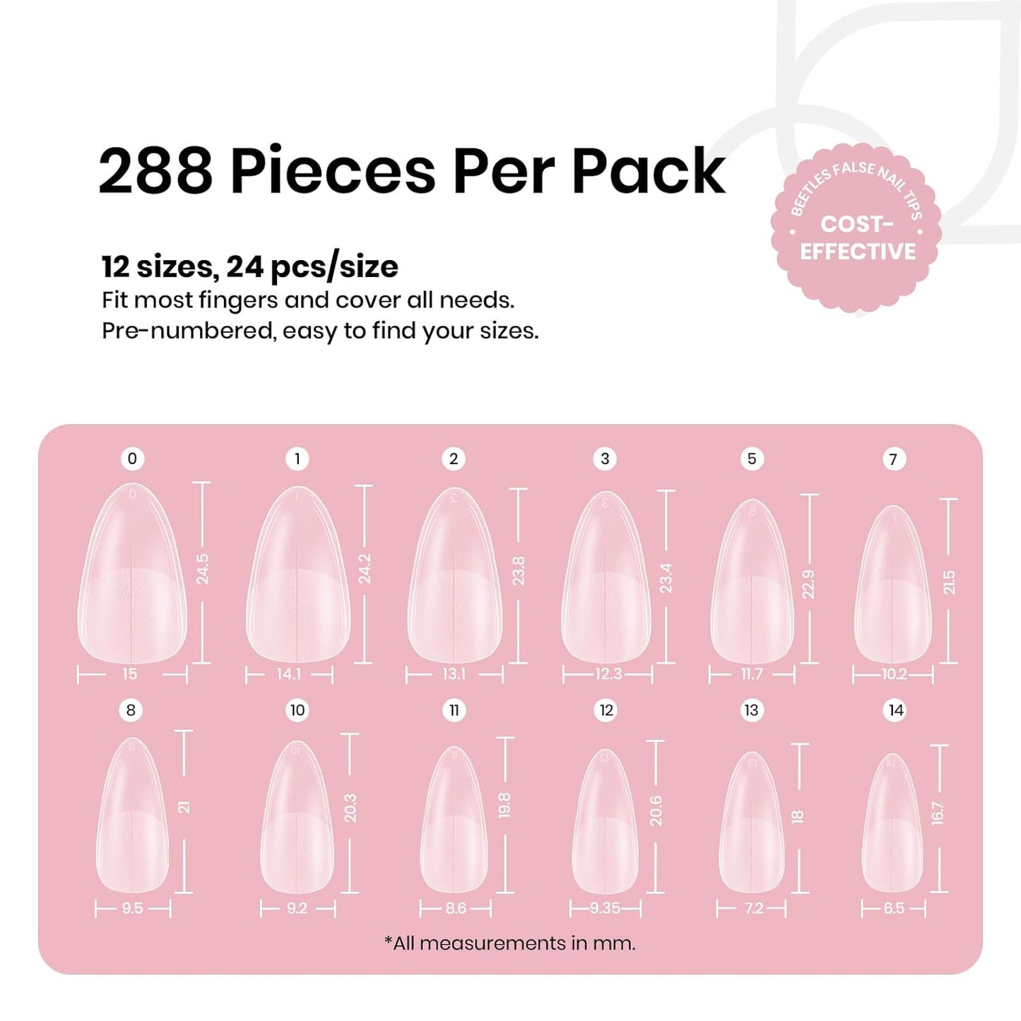 Beetles Medium Almond Nail Tips: 288PCS Medium Almond Matte Clear False Acrylic Press on Nails Tips 12 Sizes Pre-shape Full Cover Nail Tips Nail Extension DIY Valentines Day Gifts for Women