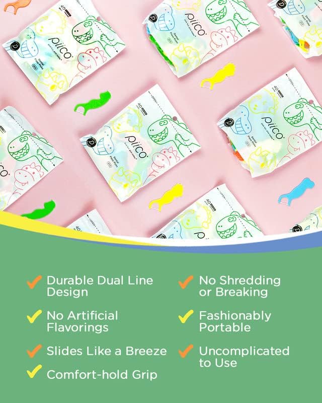 Piico Unflavored Kids Floss - No Fluoride Dual Line Dental Floss Picks - Fun Oral Care in Colorful Floss Sticks Design - Flossers Prevent Tooth Decay & Gum Disease - 300 Playground Dino & Travel Case