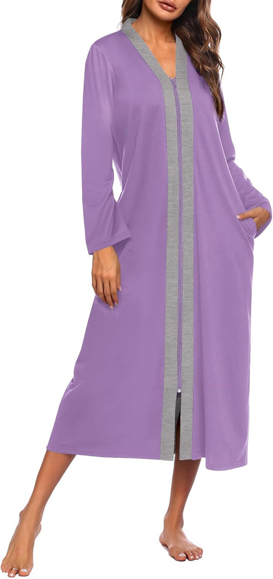 Ekouaer Women Zipper Robe Long Sleeve Loungewear Lightweight Housecoat Full Length Nightgown with Pockets
