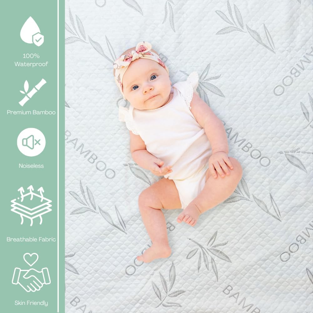 Bamboo Rayon Mattress Protector with Zipper + 2 Pillow Protectors - 100% Waterproof Cooling King Size Cover - Ultra Soft Fabric Breathable Noiseless Mattress Pad Covers Zippered Encasement