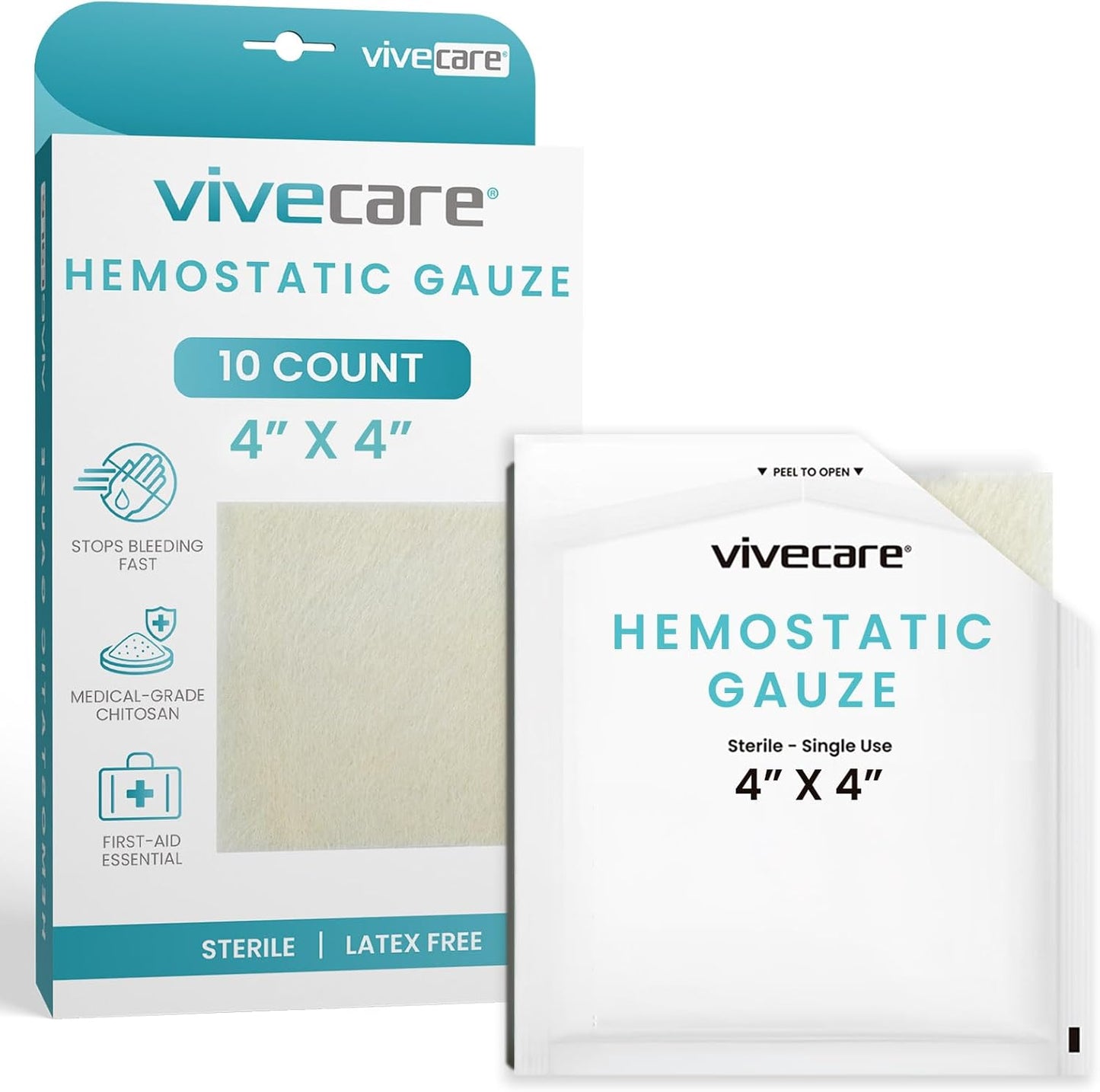 ViveCare Hemostatic Gauze (4"x4") - Quick Clot Dressing to Stop Bleeding - Wound Clotting Bandage Pads for First Aid Kit - Healing for Cuts, Abrasions, Lacerations - Product Made with Chitosan