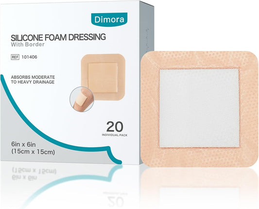 Dimora Silicone Foam Dressing with Border Adhesive 6"x6" Waterproof Wound Dressing Bandage for Wound Care 20 Pack
