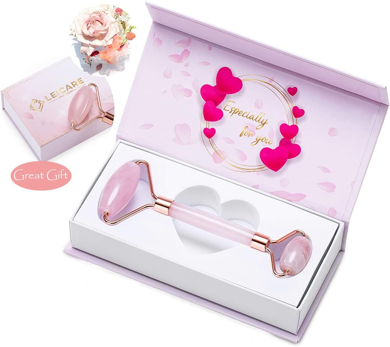 Jade Roller for Face - Rose Quartz Face Roller Skin Care - Stone Facial Roller, Face Massager for Women, Relieve Stress, Remove Wrinkles Eye Puffiness