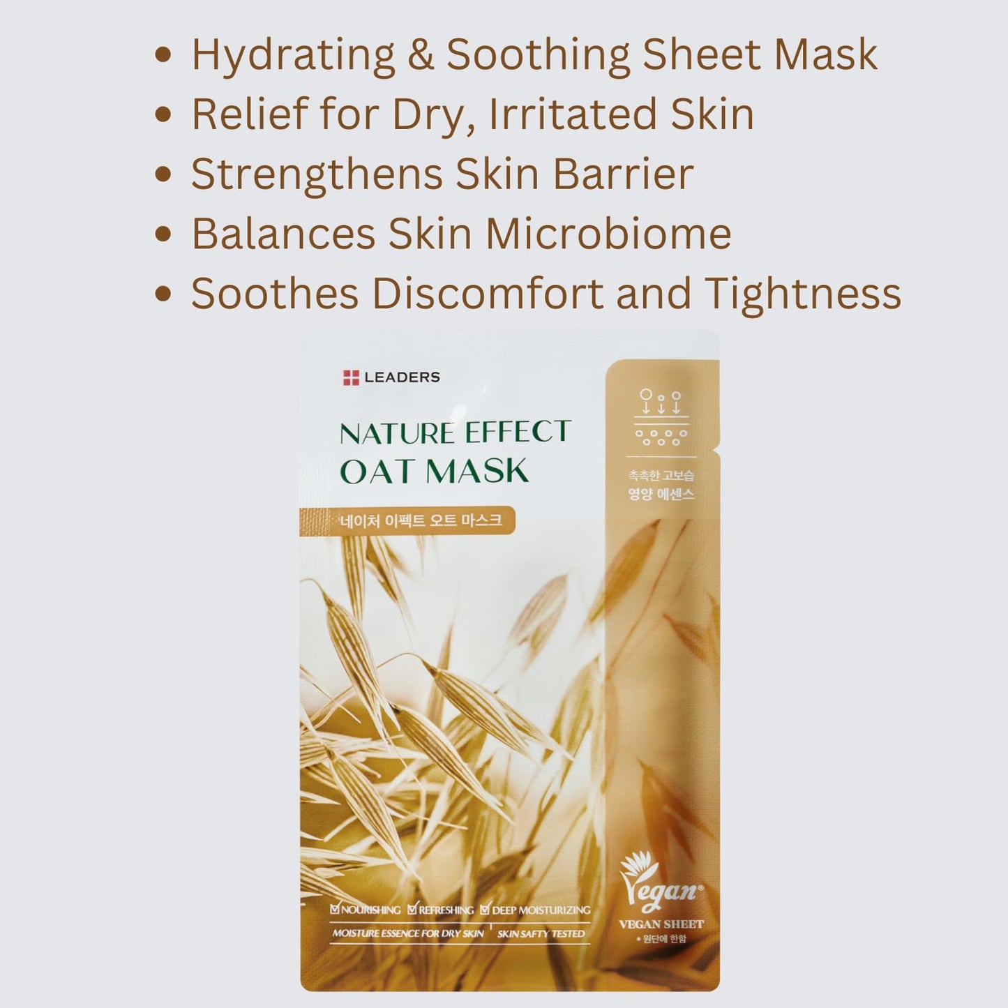 LEADERS Nature Effect Oat Mask - Hydrating & Soothing Face Mask for Dry, Irritated Skin | Nourishes, Soothes, Dryness with Oat Extract | Serum Content, Vegan Certified - 10 Sheets