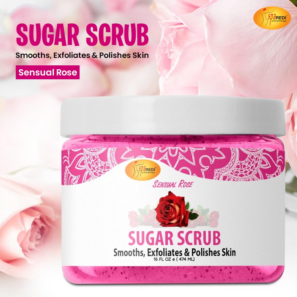 SPA REDI – Sugar Body Scrub, Sensual Rose, 16 Oz, Exfoliating, Moisturizing, Hydrating and Nourishing, Glow, Polish, Smooth and Fresh Skin - Body Exfoliator