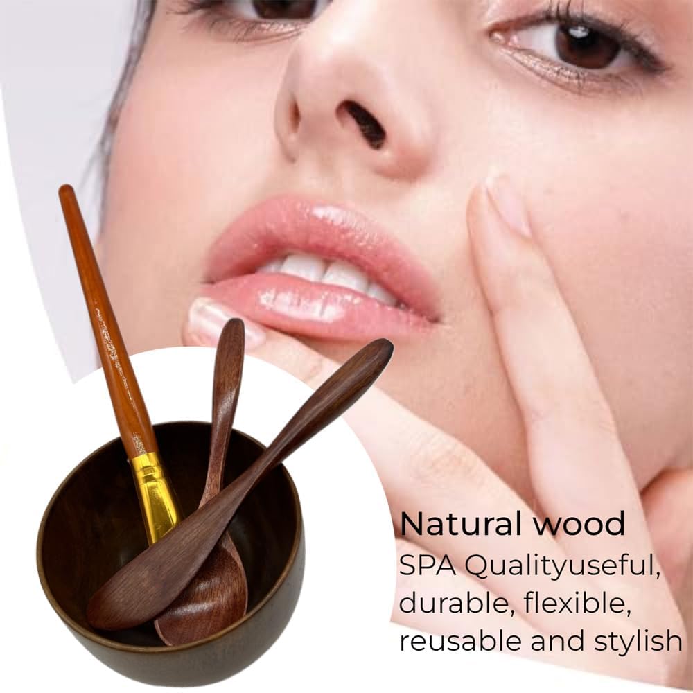 Face Mask Mixing Bowl Set Brown Wood,4 Pack Diy Facial Tools For Skin Care,Facemask Mixing Tool Kit With Facial Mask Bowl,Spatula,Spoon,Brush Applicator,Facial Esthetician Supplies