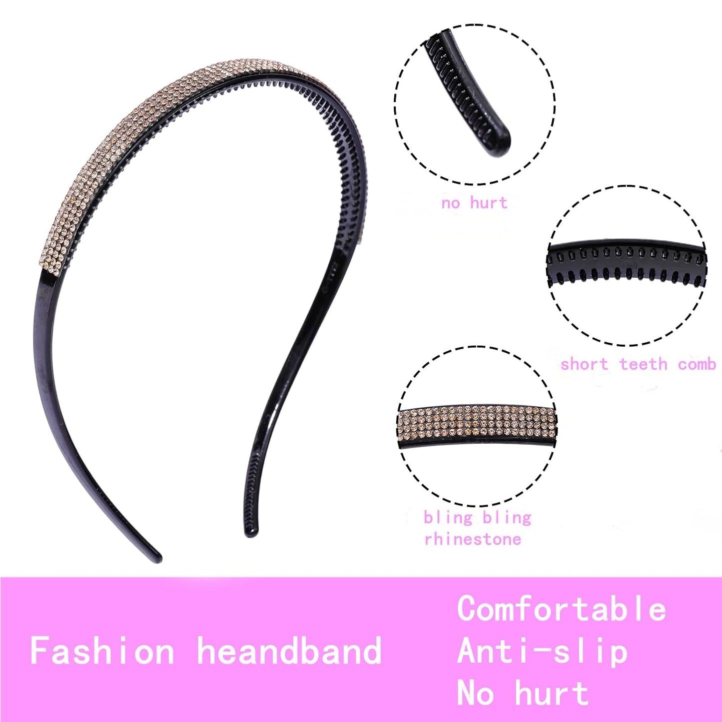 Rhinestone Glasses Headbands for Women Girls,4PCS Non Slip Headband for Eyewear,High Elastic Black Plastic Hair Hoop with Short Teeth,Fashion Bling Hair Accessories