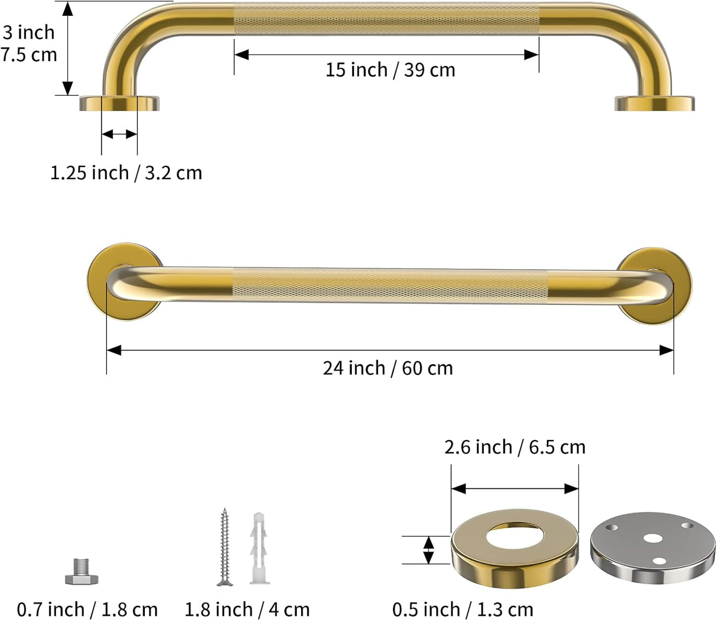 Gold Shower Grab Bar 24 Inch, Zepolu Stainless Steel Anti-Slip Bathroom Grab Bar w/Knurled Grip, Golden Safety Balance Support Toilet Assist Handrail Textured Handle for Handicap Injury Elderly Senior