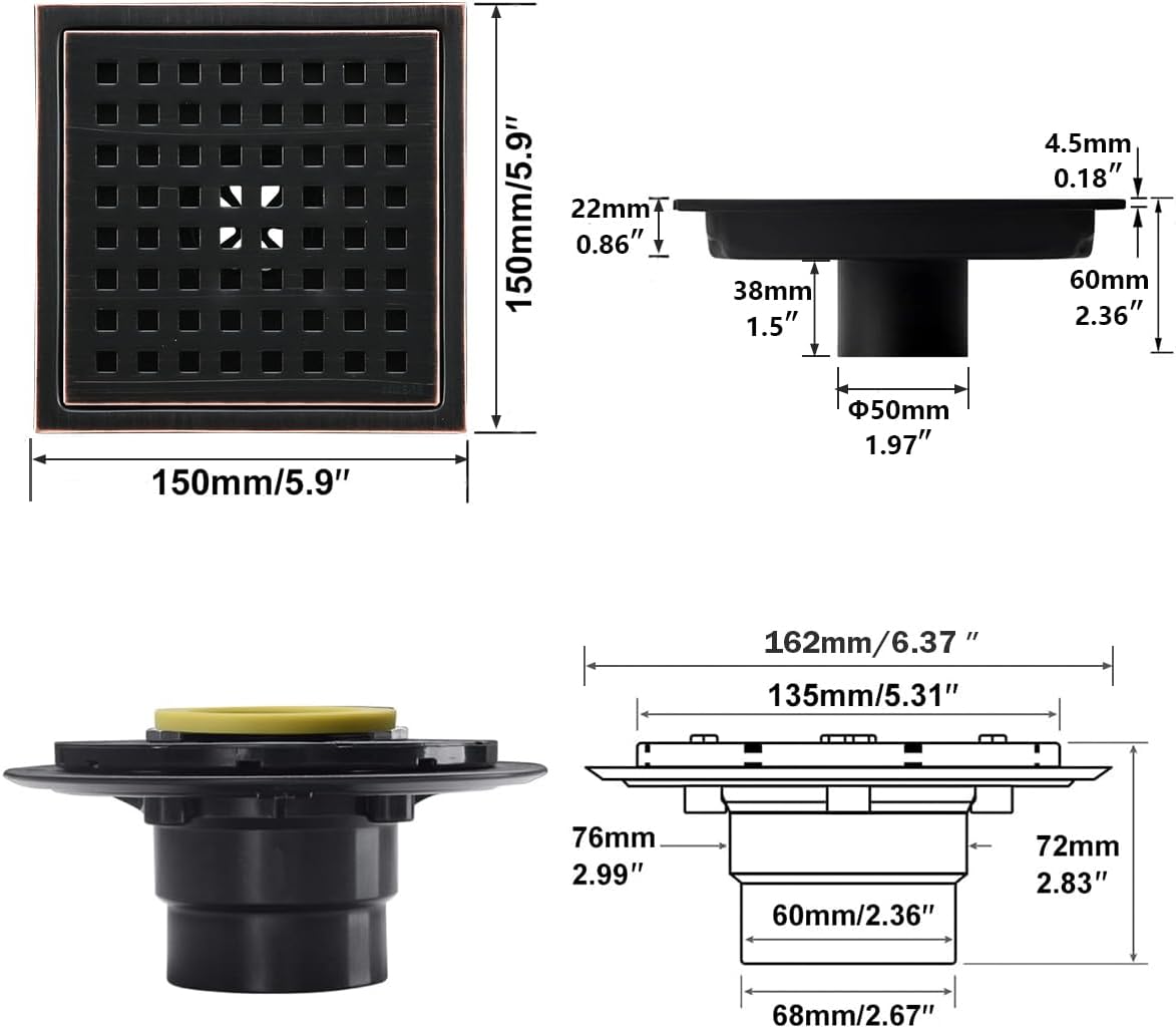 RANDOM 6 Inch Square Shower Floor Drain with Oil Rubbed Bronze Removable Quadrato Pattern Grate, PVC Shower Drain Base Flange,Include Hair Strainer,SUS 304 Stainless Steel