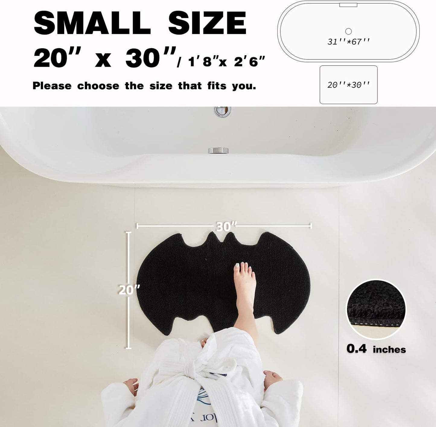 Halloween Bathroom Rug, Bat Bath Mat Super Absorbant Bathroom Rugs Non-Slip Washable Gothic Bat Shaped Floor Mat Halloween Decor, 20''x30'', Black