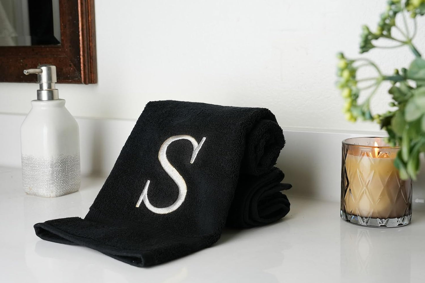 Black, Letter Hand Towel for Bathroom - Monogrammed Initial Hotel Quality Decorative Embroidered Towel for Powder Room, Spa - GOTS Organic Certified - Pack of 2, Letter S