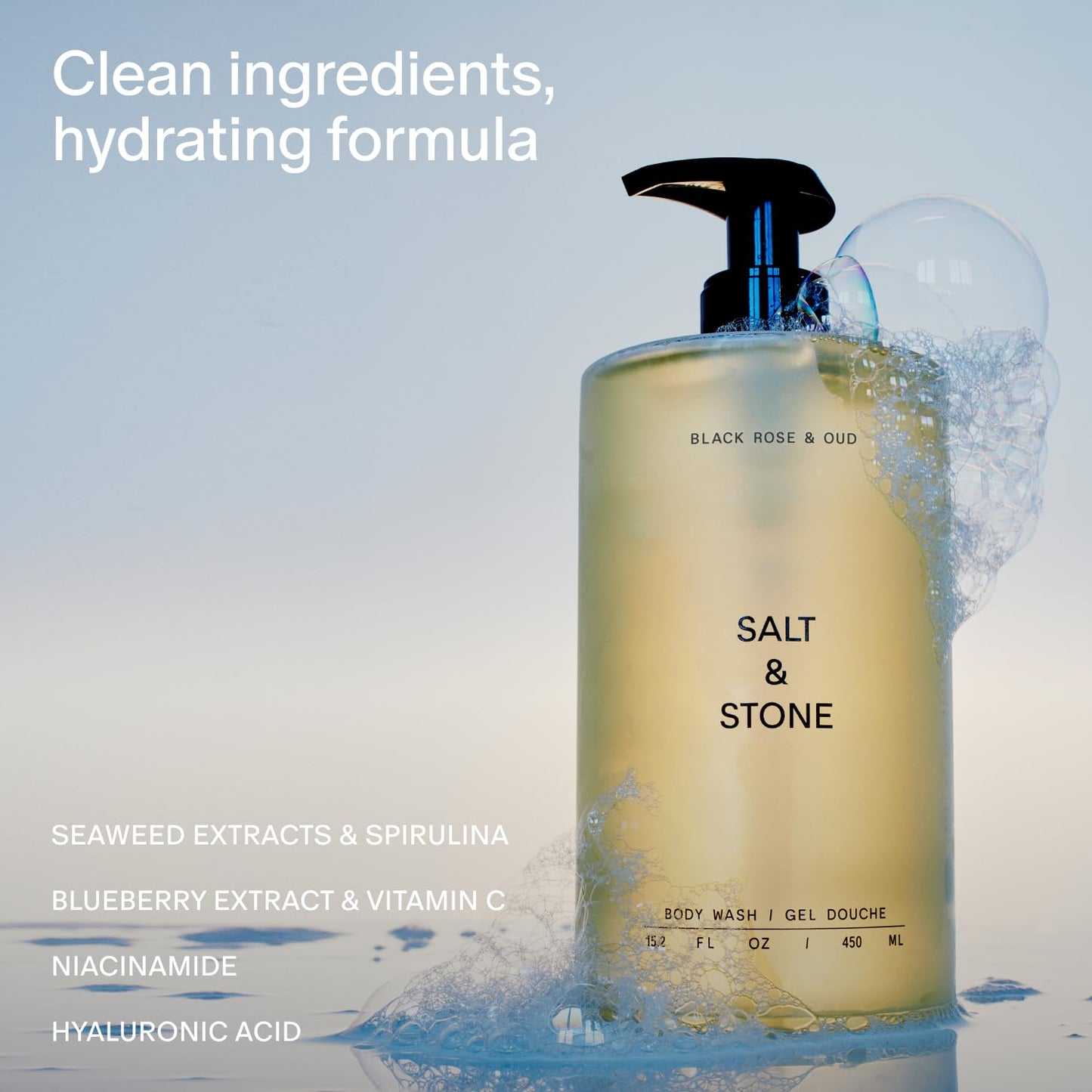 Salt & Stone Body Wash for Women & Men | Black Rose & Oud | Hydrating Gel Cleanser | Clean & Soften Skin | Made with Niacinamide & Hyaluronic Acid | Free From Parabens, Sulfates & Pthalates 15.2 fl oz