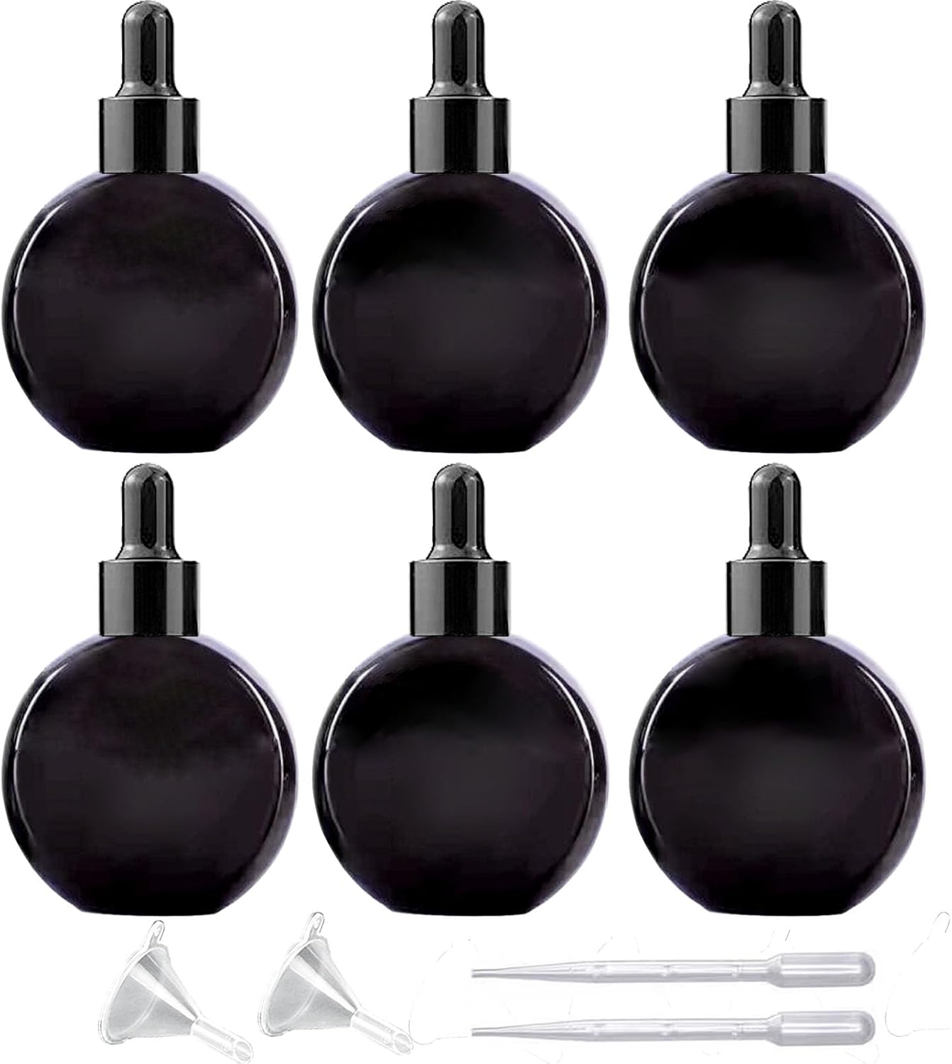 6Pcs,2 oz Black Glass Dropper Bottles for Essential Oils,60ml flat round perfume bottle with Eye Droppers,for Essential Oils,Perfumes, Serums,Leakproof for Travel (Black)