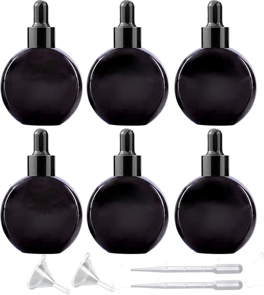 6Pcs,2 oz Black Glass Dropper Bottles for Essential Oils,60ml flat round perfume bottle with Eye Droppers,for Essential Oils,Perfumes, Serums,Leakproof for Travel (Black)