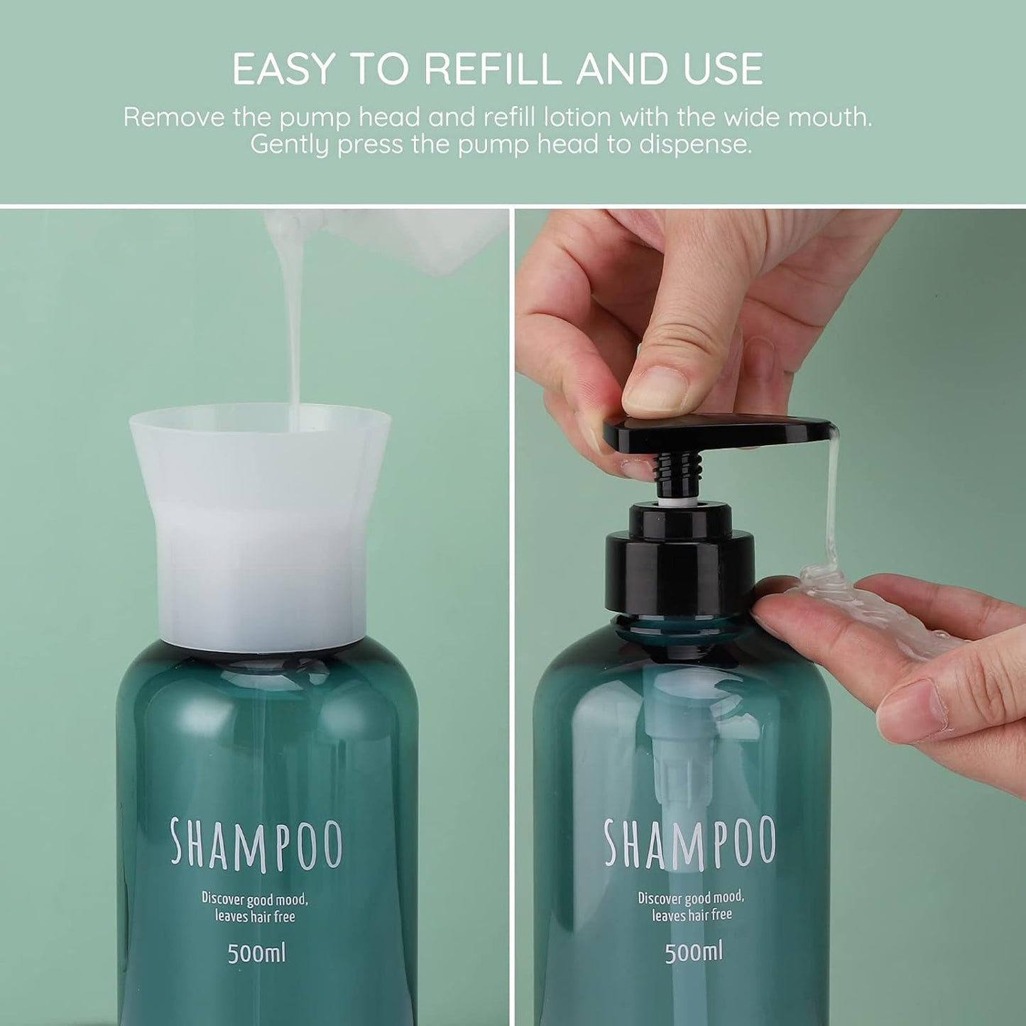 Shampoo Bottles with 2 Extra Pumps, Segbeauty 3pcs 16.9oz Bathroom Shampoo and Conditioner Dispenser with Funnel, 500ml Empty Plastic Refillable Shampoo Bottles for Shower, Large Pump Bottles Blue