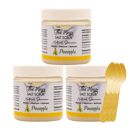 The Keys Salt Scrub -Sea Salt Scrub - Exfoliating Body Scrub with Wooden Spoon - Moisturizing Exfoliator for Hands, Foot, Bath, (3.4 Ounce (Pack of 3), Pineapple)