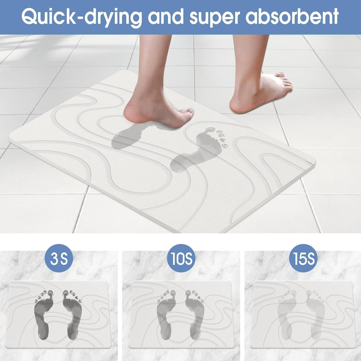 Stone Bath Mat Diatomaceous Earth Shower Mat Non-Slip Super Absorbent Diatomite Stone Mats for Bathroom Floor/Kitchen Counter Quick Drying Natural Easy to Clean(23.6''×15.4" White)