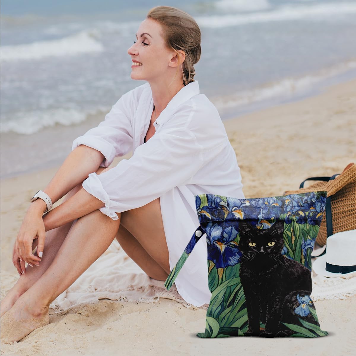 Cat Wet Bags 12x10 Inch, Blue Floral Waterproof Reusable Wet Dry Bags, Flowers Washable Travel Laundry Bag for Swimsuit Pool Beach Diapers Dirty Yoga Gym Clothes, Cat Gifts for Women Friend Travelers