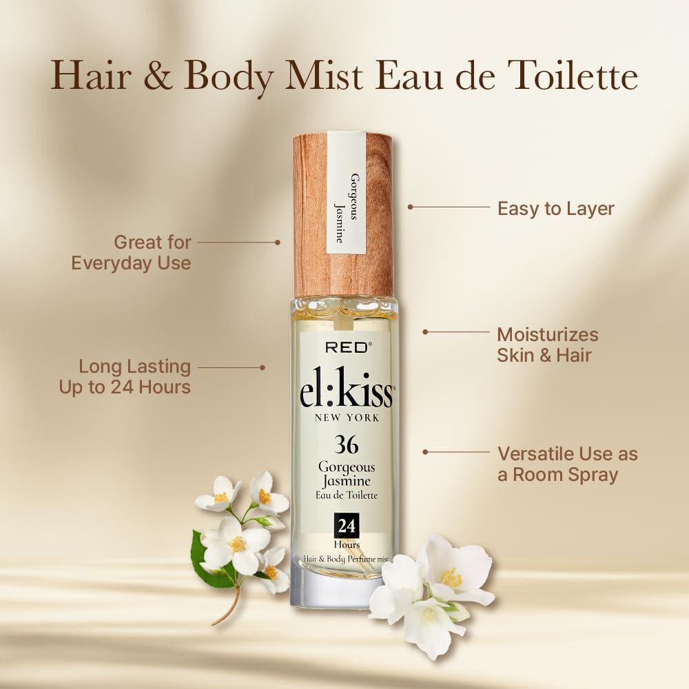 EL:KISS Hair Perfume & Body Mist, Gorgeous Jasmine Inspired by Guc. Flora Eau de Toilette 30mL (1.01 Fl Oz), Hydrating & Long-Lasting, Alcohol & Mineral Oil-Free, With Jojoba, Argan Oil & Aloe Vera