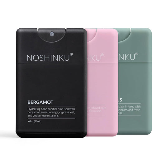 Noshinku - Refillable Hand Sanitizer Discovery 3-Pack, Travel Size Spray with Hydrating Botanical Oils, Natural Ingredients, All Natural Fragrances, Sugarcane Derived Alcohol, No Parabens, No Dyes