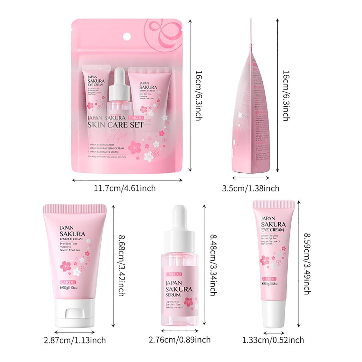 LAIKOU Skin Care Set JAPAN SAKURA Beauty Gift Sets Skin Care Kit with Serum, Eye Cream, Face Cream Travel Kit for Women Wife Mom Teen Girls TSA-friendly Sizes Christmas Gift 3pcs