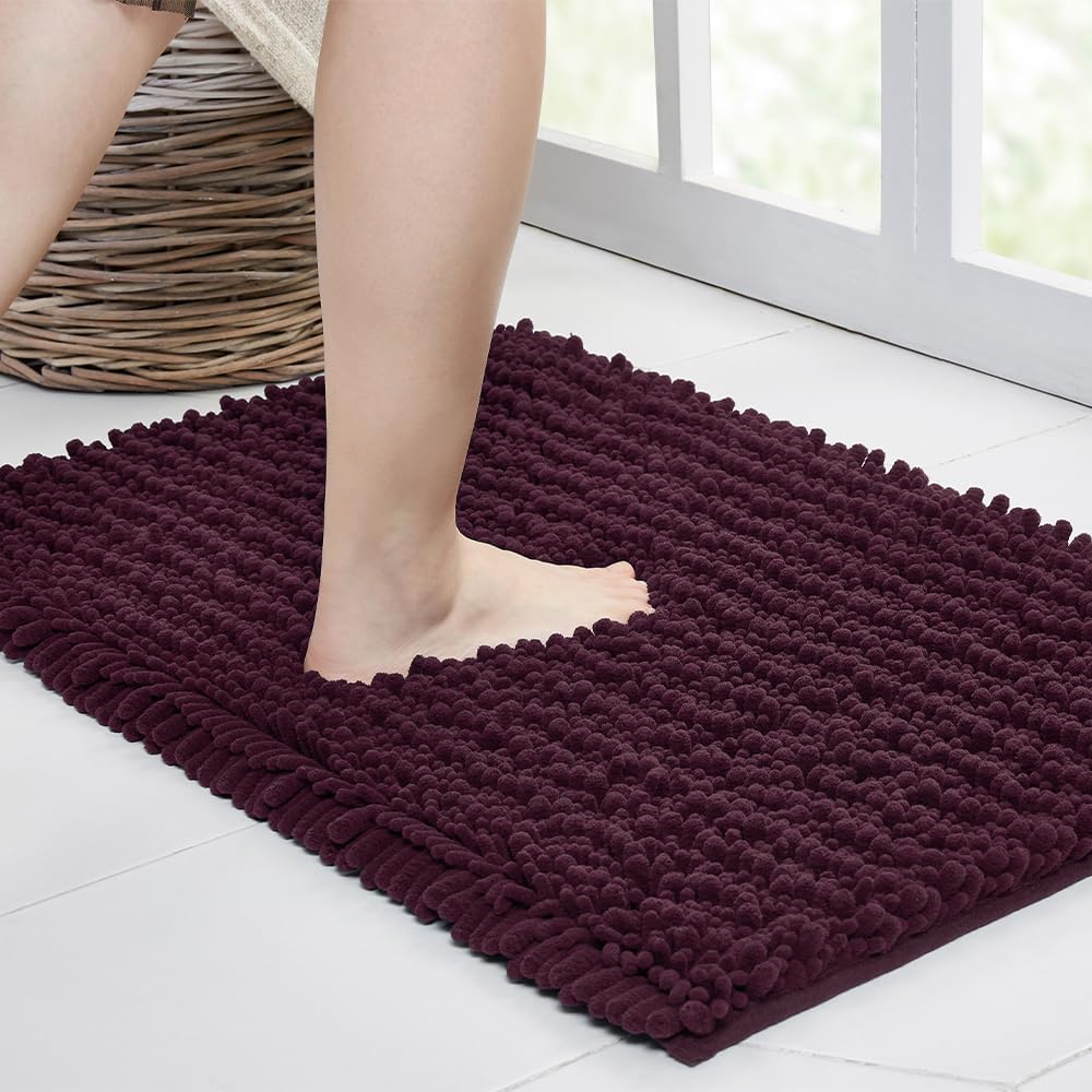Walensee Bathroom Rug Non Slip Bath Mat (24x17 Inch Burgundy) Water Absorbent Super Soft Shaggy Chenille Machine Washable Dry Extra Thick Perfect Absorbant Best Small Plush Carpet for Shower Floor