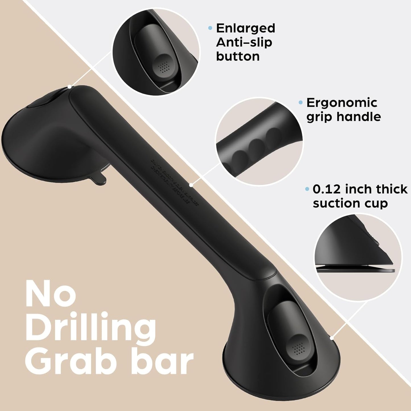 2 Pack 16 Inch Grab Bars for Bathtubs and Showers for Seniors, Heavy Duty Shower Handle for Elderly, Suction Cup Removable Handrails Handicap Bath Grip Bathroom Safety Grips （Black）