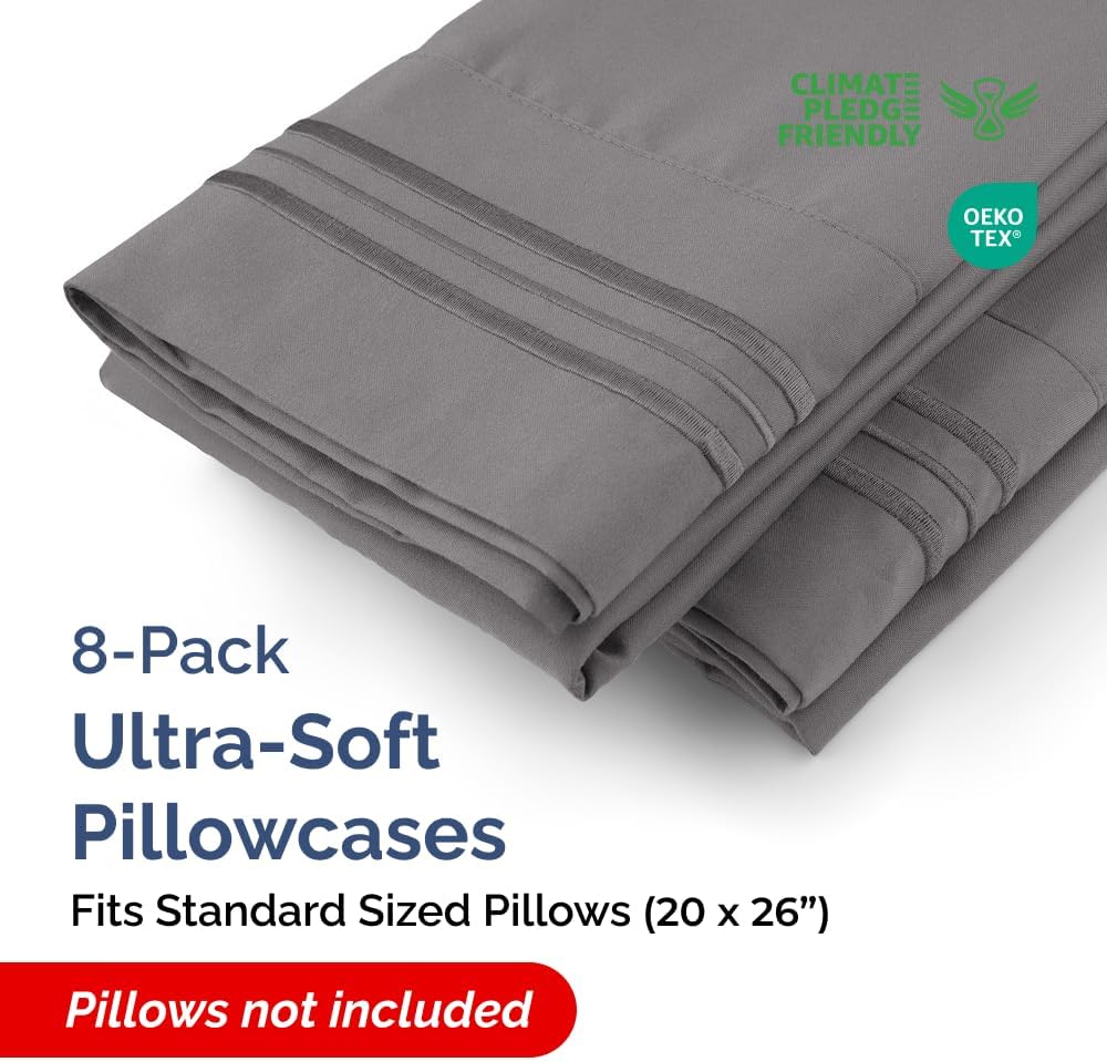 Standard Pillow Cases Set of 8 - Ultra Soft Hotel Quality Pillowcase Covers - Comfy, Cozy & Wrinkle Free - Shrink, Stain & Fade Resistant - Machine Washable Pillow Protectors - 8 Piece Set - Dark Grey