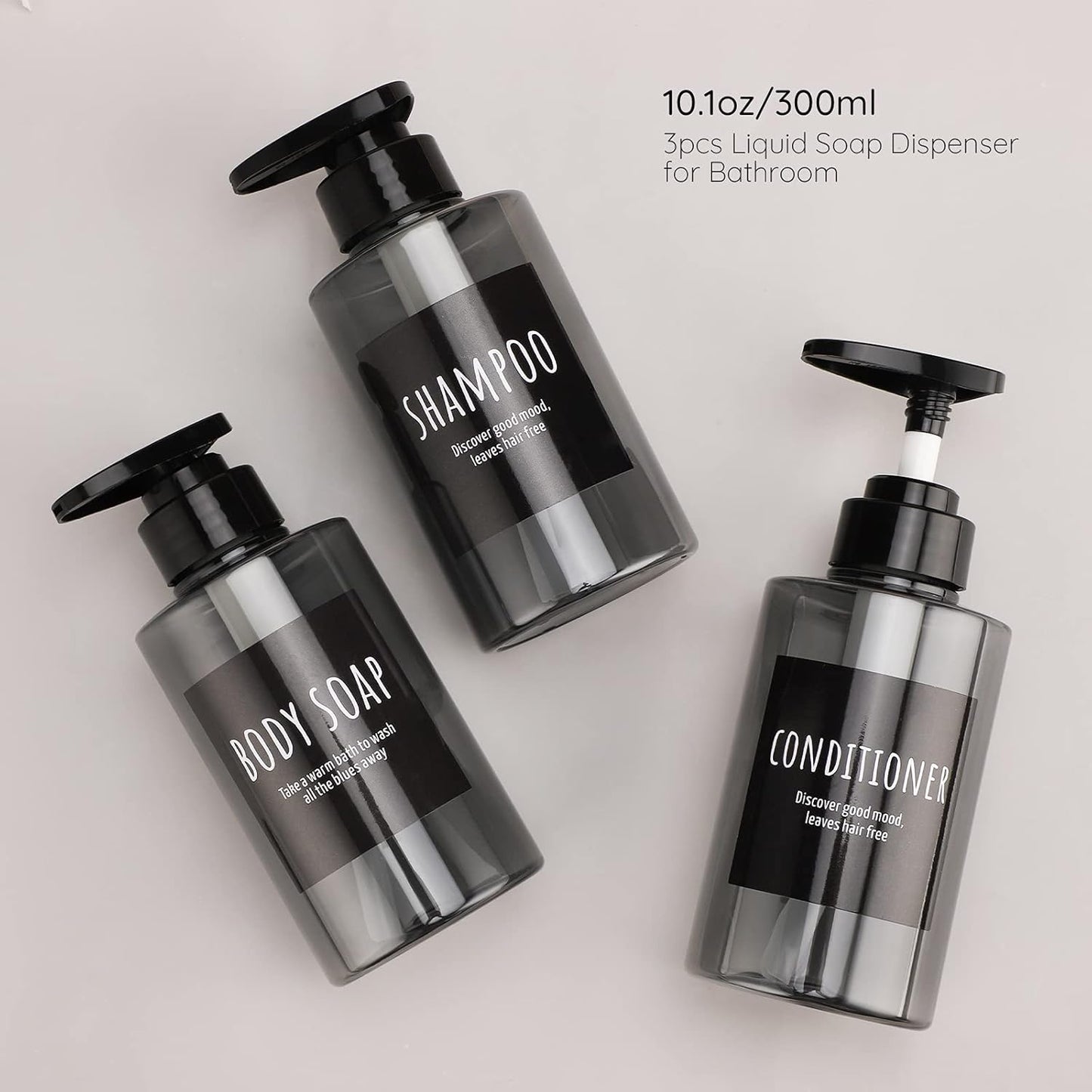 Empty Shampoo Bottles, Segbeauty 10.1oz Plastic Pump Dispenser Bottle, 3pcs 300ml Refillable Shampoo Pump Bottles for Shower, Grey Pump Bottles for Body Soap Shampoo Hair Conditioner Hotel Bathroom