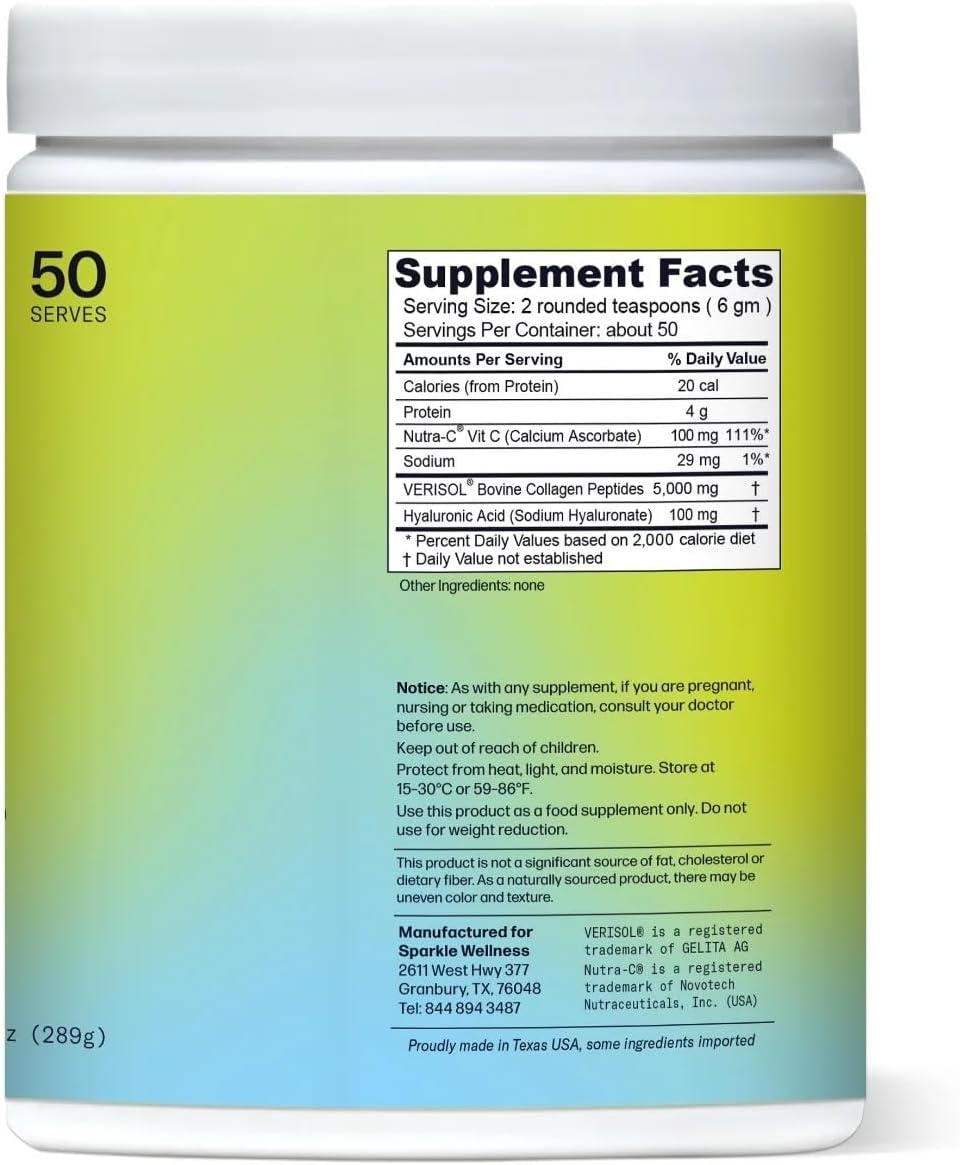 Sparkle Wellness VERISOL Bioactive Hydrolyzed Collagen Peptides | Collagen Powder Supplement with Vitamin C & Hyaluronic Acid for Hair, Skin, and Nail Health | Skin Boost Plus (No Flavor) [50-Serves]