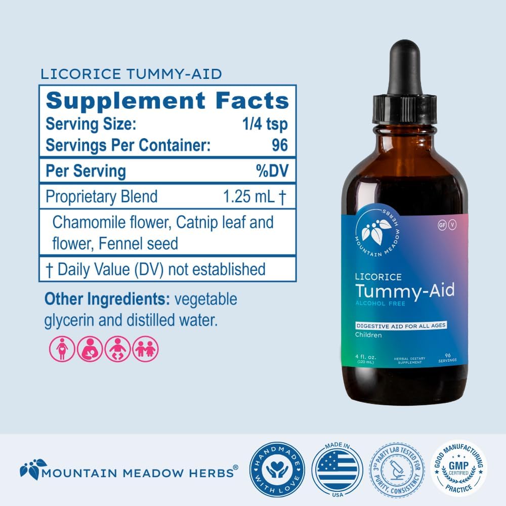 Mountain Meadow Herbs Licorice Tummy-Aid for Babies & Kids – Gas Relief Drops for Colic, Upset Stomach, Reflux & Bloating – Natural, Alcohol-Free Liquid Formula – 4 oz